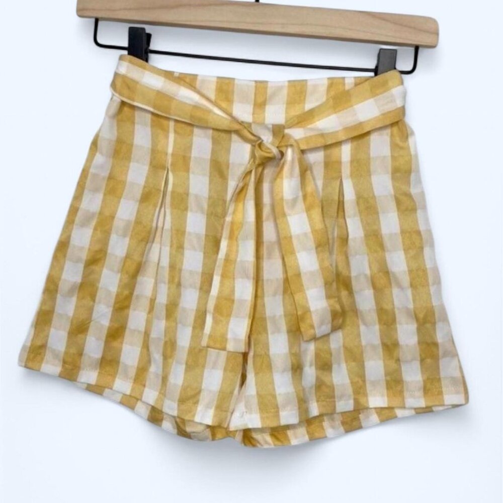 Yellow Checkered Belted High Rise Shorts